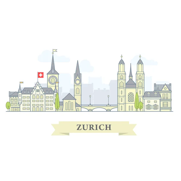 Curych, Švýcarsko-staré město, městské panorama se značkami — Stockový vektor