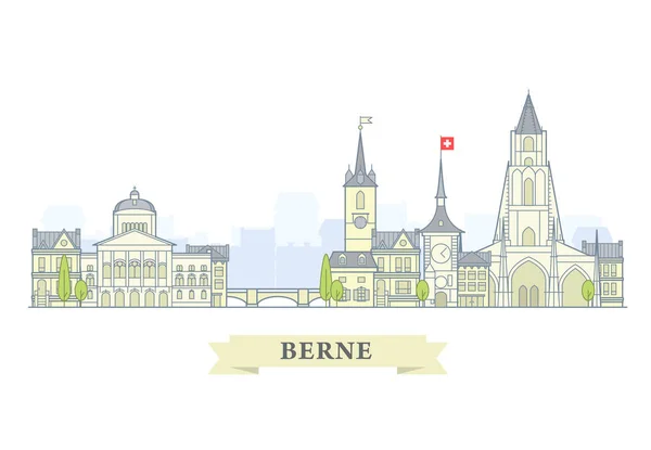 Bern, Zwitserland-historische binnenstad, stadspanorama met bezienswaardigheden — Stockvector