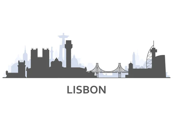Silueta del paisaje urbano de Lisboa: vista al casco antiguo con monumentos — Vector de stock