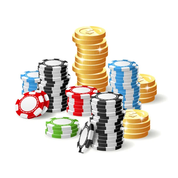 Casino et jackpot - jetons de jeu tas et rouleaux de pièces — Image vectorielle