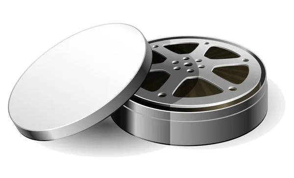 Carrete de película en caja de metal redonda abierta, bobina de película de cine viejo — Vector de stock