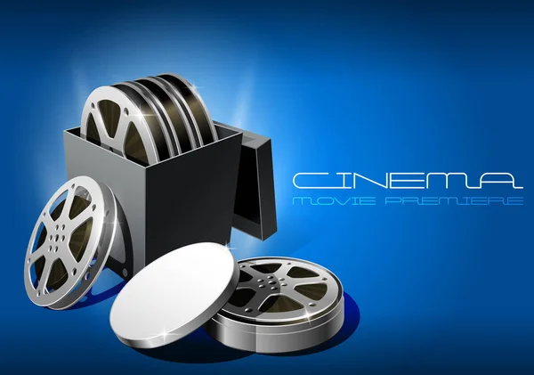 电影首映，电影卷轴在开放的圆形金属盒，电影院 — 图库矢量图片