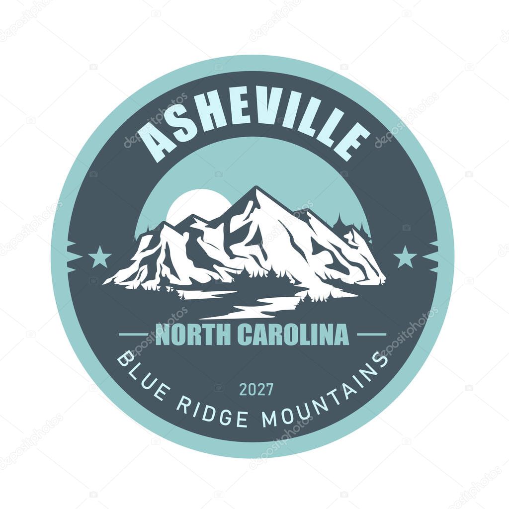 Asheville ski resort, North Carolina, Blue Ridge Mountains USA, emblem with snow-covered mountains, vector