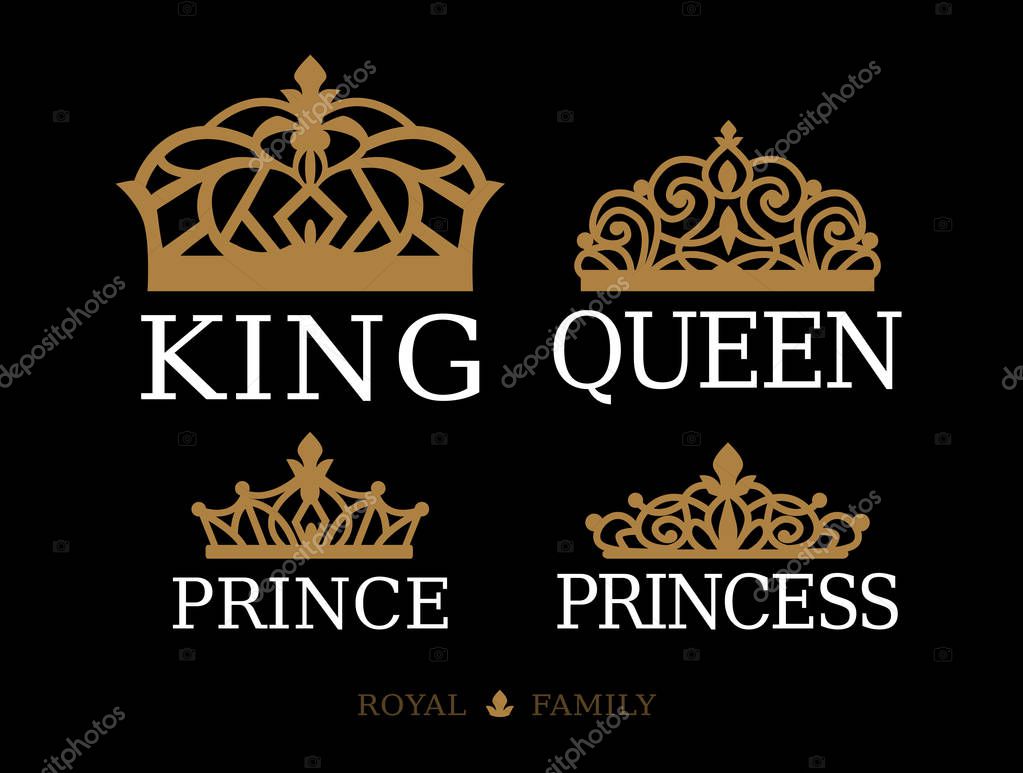 King,Queen, Prince and Princess - set of couple family design. White text and gold crown isolated on black background. For printable souvenir: t-shirt, pillow, mug, cup. Royal silhouette vector tiara