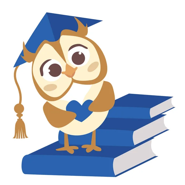 可爱的矢量智能猫头鹰与帽子 为幼稚园毕业生的文凭例证 学龄前儿童 一只小鸟 手里有颗心 蓝色书在白色背景被隔绝了 — 图库矢量图片