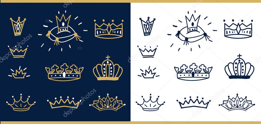 Set of vector hand drawn crowns. Doodle illustrations with chalk texture. Elegant line hand drawn sketch. Symbol of royal family (little prince, princess, queen, king) Collection of outline corons