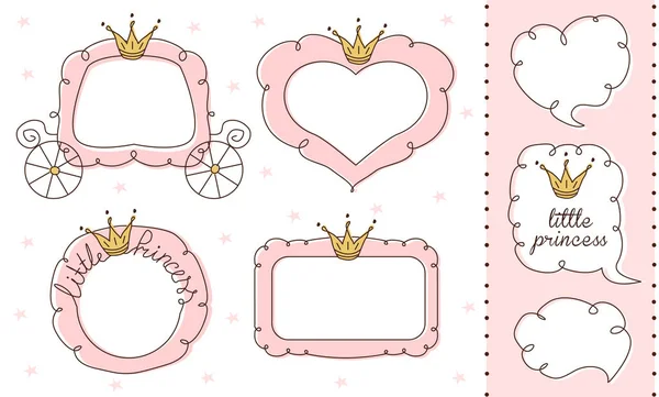 Uppsättning Söt Doodle Speglar Princess Vektorelement Design Rosa Ramar Med — Stock vektor