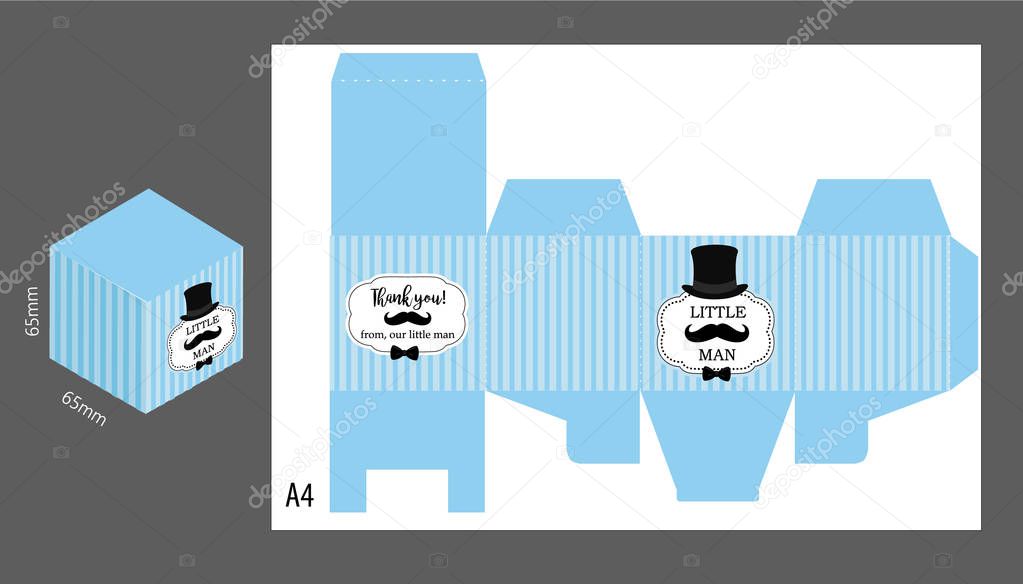 Little gentleman gift vector box. Light blue stripes background with black mustache, bowtie and hat. Template for themed birthday bash party. Classic pattern for dad and baby boy. Hipster style. DIY Note to editor: