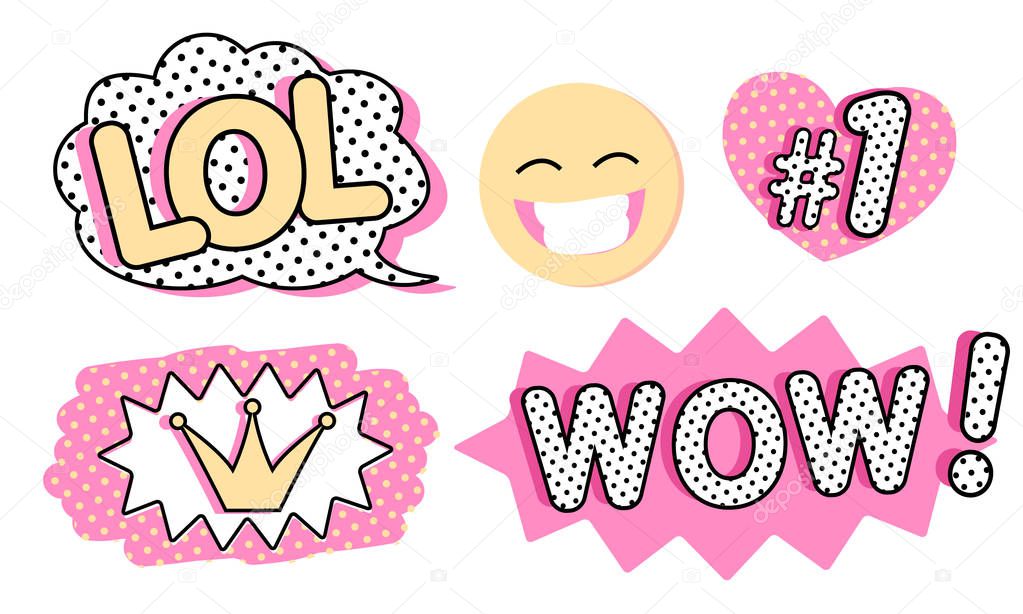 Set of cute vector stickers. Bubble for text, princess crown, WOW, LOL icons and laughing emoji. Pink color with black doodle stroke and dots. Pop art doll style. Photo booth props for birthday party