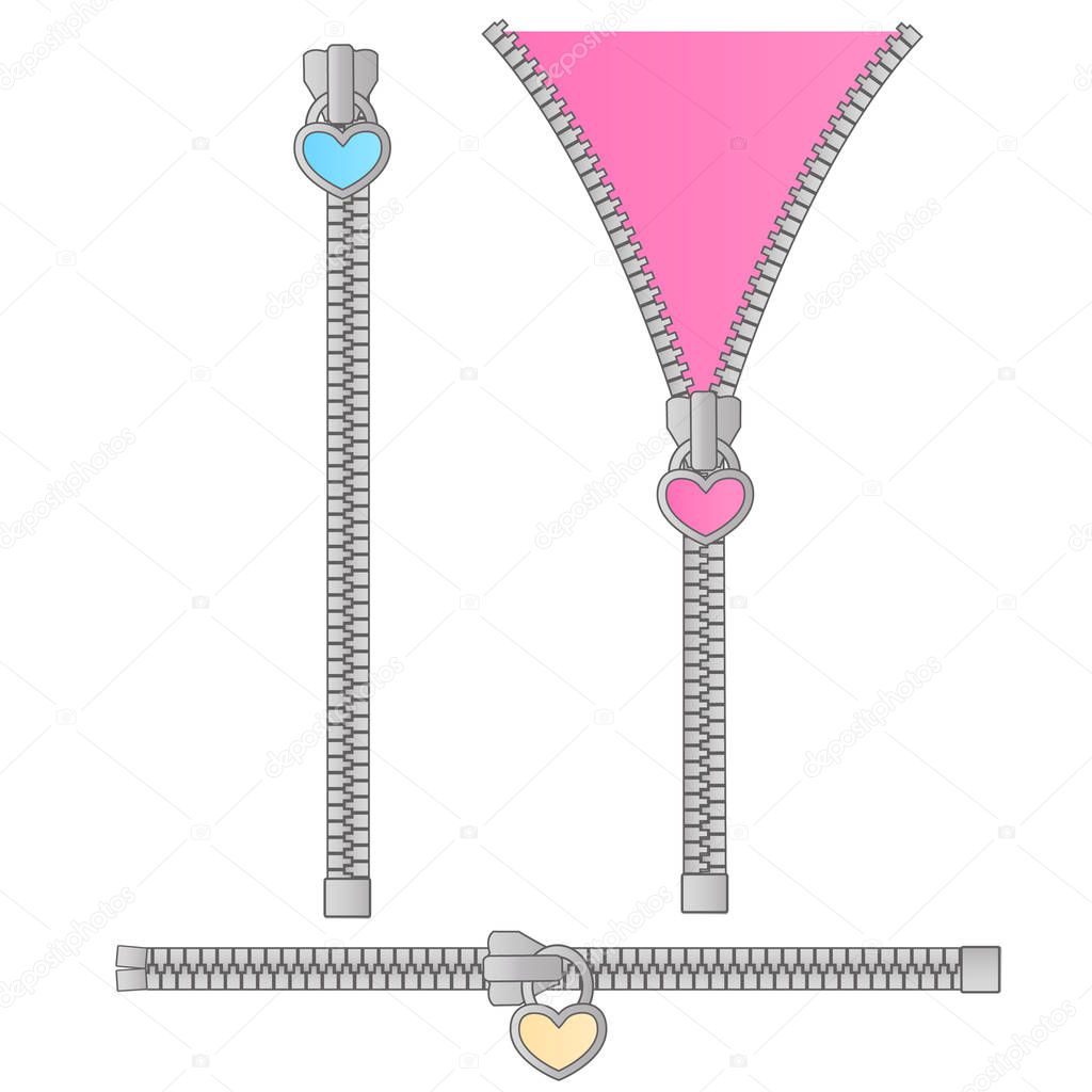 Cute vector set of zippers in the form of a small pink, blue, yellow heart. Suitable for birthday invitations in style lol doll surprise. Zipped and unzipped. Opened and closed