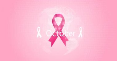 Göğüs kanseri duyarlılığı ayı - Ekim afiş. Solgun gül degrade arka plan ile dünya hareket içinde sıcak pembe ipek kurdele. Şirin modern kadın hareket tasarımı. Video harita animasyonu. Hareket illüstrasyon