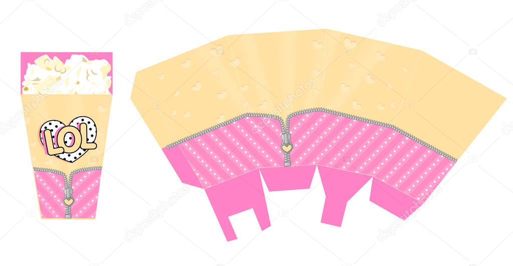 Template of popcorn box for party with zipper. Deco for birthday LOL doll surprise theme. Print and cut, easy folding. Bright hot pink striped textile on yellow background with little hearts 