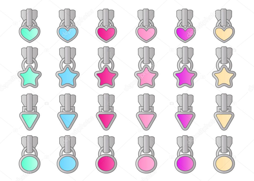 Set of vector cute little locks in light pink, purple, green, blue, yellow colors. Element of design for lol doll surprise themed girls party. Silver metallic zipper star, oval, heart, triangle shaped