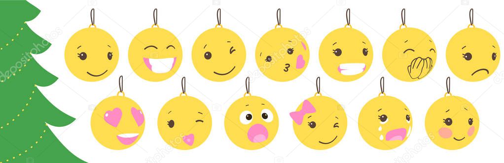 Set of christmas yellow balls with cute face. Emoticons on bubble toys. Vector for decoration holiday xmas tree. Element of design Happy New Year sale banner, flyer, poster, background. Fun childlike