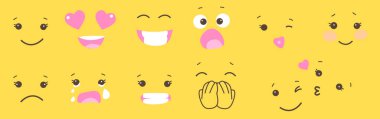 Gülen yüz emoji sarı zemin üzerine kümesi. Basit karakter duygu. Vektör öğesi tasarım t-shirt, tatlı tablo, kupa, dekorasyon komik parti için. Şok Lol, gülmek, utangaç, aşk, öpücük, ağlamak,
