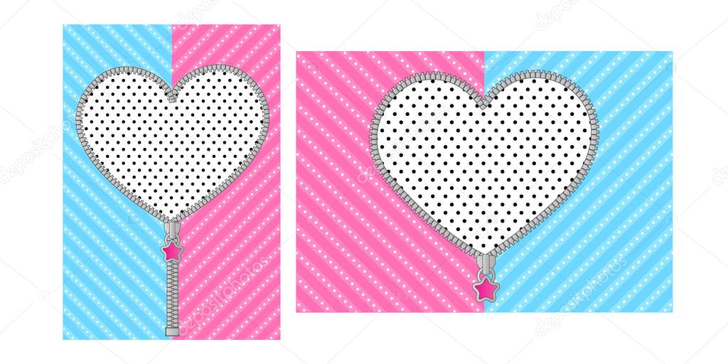 Open heart zipper with cute lock on bright blue pink background. Striped pattern for Lol Doll Surprise girly party. Birthday invitation template with round zip. Unzipped vector border design element 