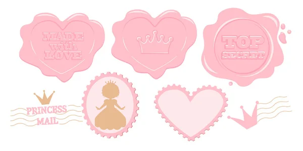 Set Van Schattige Roze Vector Postzegels Princess Stickers Verzamelen Voor — Stockvector