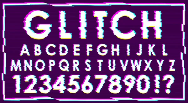 Trendiger Glitch Effekt Weiße Pixelbuchstaben Und Zahlen Auf Lila Hintergrund — Stockvektor