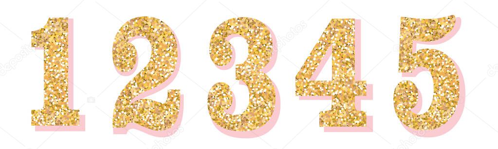 Glitter numbers with pink shadow. Part 1. For decoration of cute wedding, anniversary, party, label, headline, poster, sticker. Vector brilliant shimmer 1,2,3,4,5. Christmas elegant celebration design