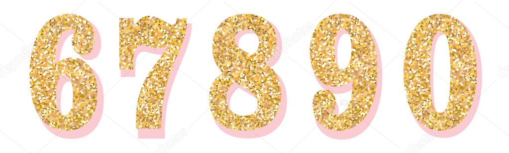 Glitter numbers with pink shadow. Part 2. For decoration of cute wedding, anniversary, party, label, headline, poster, sticker. Vector brilliant shimmer 6,7,8,9,0. Christmas elegant celebration design