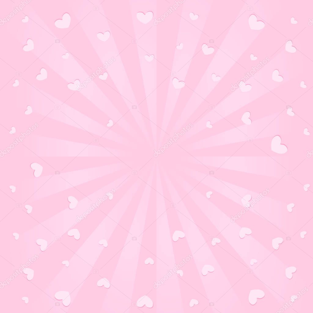 Cute pink background with sunbeams, flying hearts in air. Romantic elegante picture for greeting card ( birthday invitation, valentines, mother day) Cute banner for LOL surprise, blank space in center