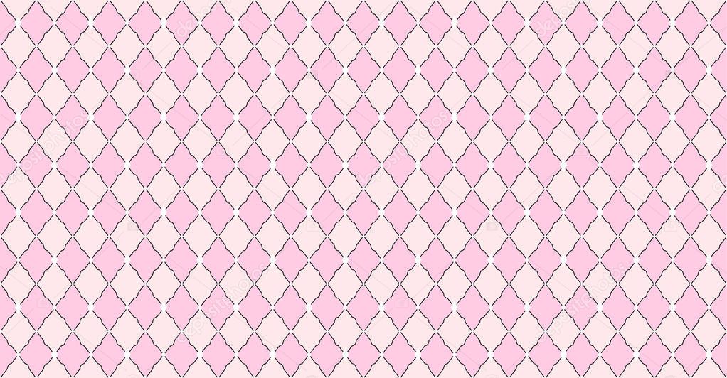 Pink pattern with rhombuses and white dots stars. Solid elegante wedding backdrop. Element of design for Lol Surprise party. Arabic girlish ornate. Premium luxury toy print. Fabric little princess