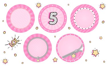 Sevimli vektör Lol sürpriz cupcake toppers kümesi. Pembe parti çıkartmaları. İsim, yaş, metin, Player'da resimler için boş geçmiş. Yuvarlak fermuar, Güneş, çizgili. Küçük küçük yıldız. Küçük tatlı tasarım