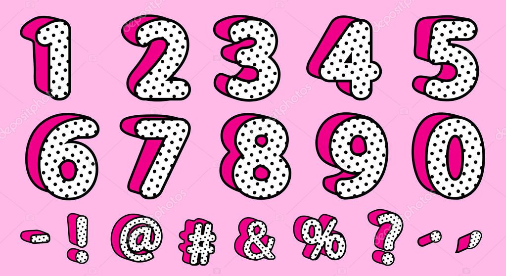 Cute black polka dots 3D set of numbers and signs. Vector LOL girly doll s Banner with hot pink shadow. Font design kids age. Picture for birth invite vector card. Valentine's day saleurprise style.