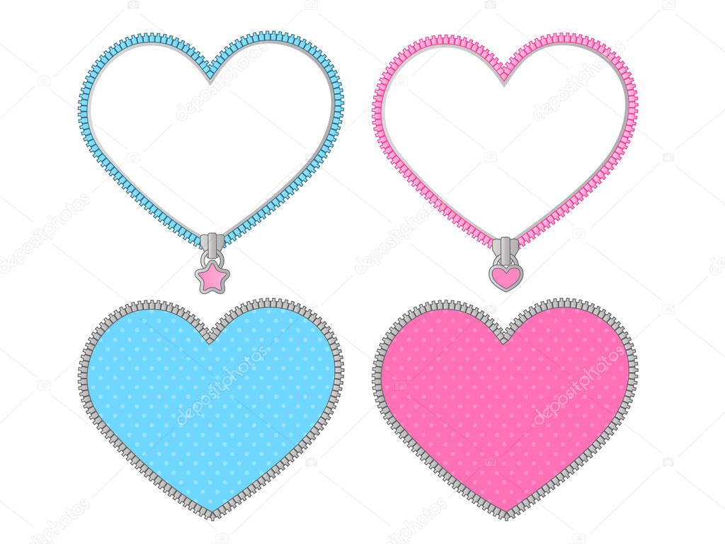 Small cute heart on transparent background. Vector set of graphic elements for LOL doll surprise party style. Valentine's day card. Zipper frame and little star lock. Pink, blue, silver grey stickers