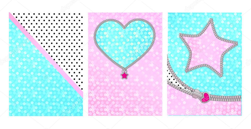 Mint pink color background with cute frame. Backdrop for kids party invitation in LOL doll surprise style. Shiny glitter sparkles. Unzipped curved line, star, heart shaped border. Little zipper lock