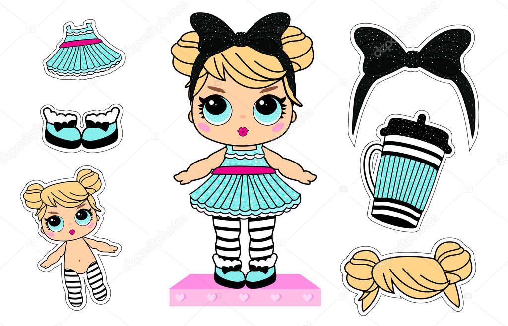 Cute little dolls with blonde hair big blue eyes. Paper sticky clothes for funny baby girl. Vector picture for decoration invite card. Lol surprise party decor. Bottle, dress, bow with glitter sparkle