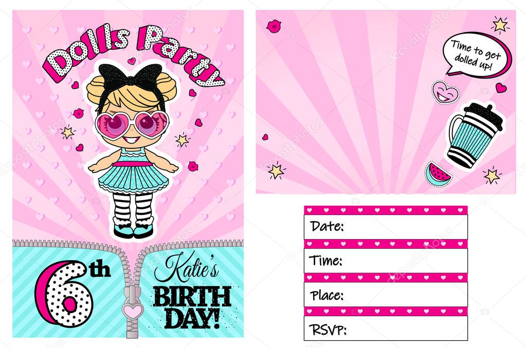 Title: Pink vector template of invitation card for little girl. Girlish cute illustration for kids birthday party in LOL doll surprise style. Printable colorful invite. Place your text, picture, photo frame