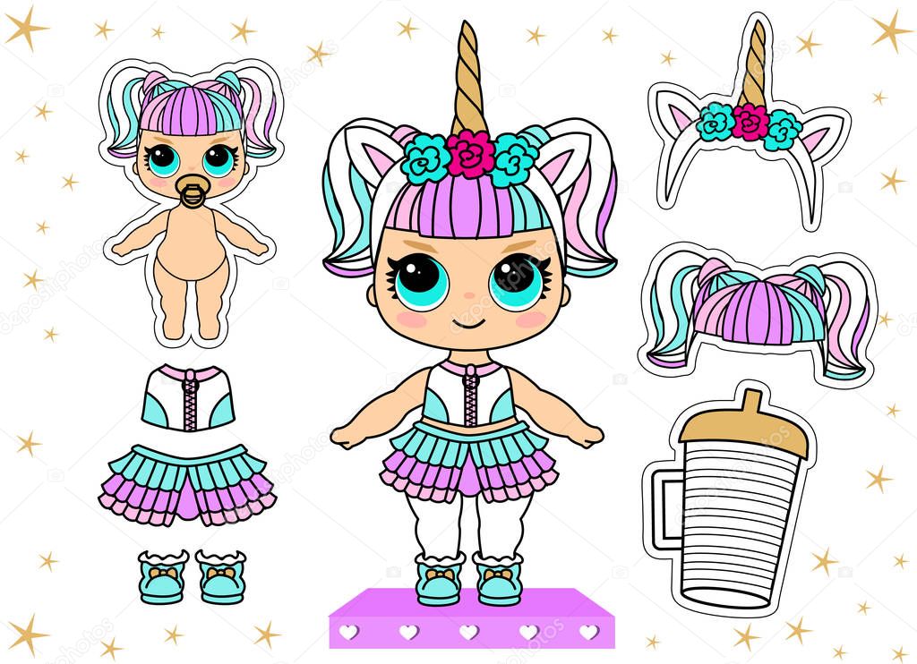 Cute vector illustration for kids party in lol surprise style. Set of doll clothes sticker. White unicorn headband with golden horns. Colorful hair wig: pastel soft pink, purple, mint color. Big eyes