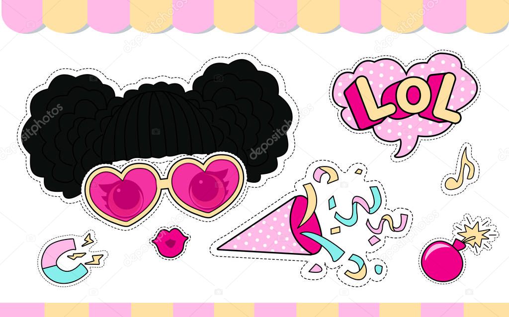 Set of cute girlish vector stickers for lol doll party. Element of design for invite card. Photo booth props. Doodle pink sweet picture for kids daily book, scrapbook, notebook. Summer girl t-shirt