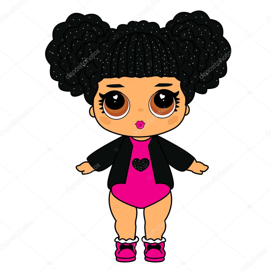 Cute vector lol doll with black hair and big brown eyes. Design for baby girl t-shirt, decoration birthday invitation, coloring book. Modern kids fashion with black glitter heart on pink background