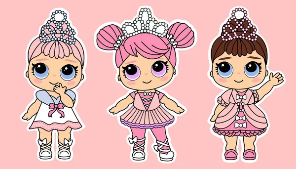 Cute Vector Little Princesses Royal Luxury Clothes Cartoon Lol Doll — Stock Vector