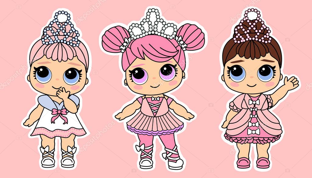 Cute vector little princesses in royal luxury clothes. Cartoon lol doll for decoration invitation, banner, backdrop. Birthday party costumes for little girl in pastel colors. Funny fashion style