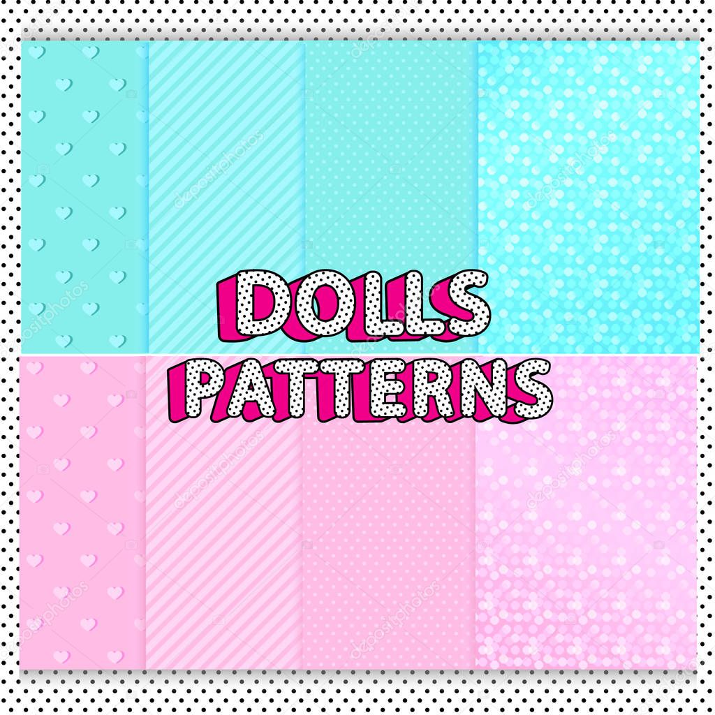 Set of cute dolls vector patterns. Printable A4 sheets striped, glitter scrapbook. Light pastel pink, turquoise blue mint green. Black and white polka dots background. Kids birthday party backdrop