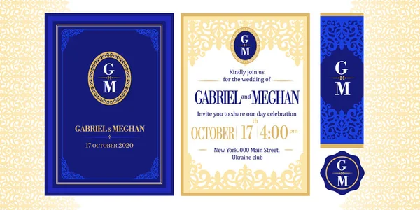 Invitation Modèle Bleu Foncé Marine Avec Coin Doré Salutation Mariage — Image vectorielle