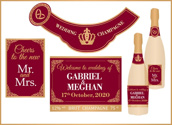 Ensemble Étiquettes Champagne Royal Mariage Sur Bouteille Pleine Mini Couleur — Image vectorielle