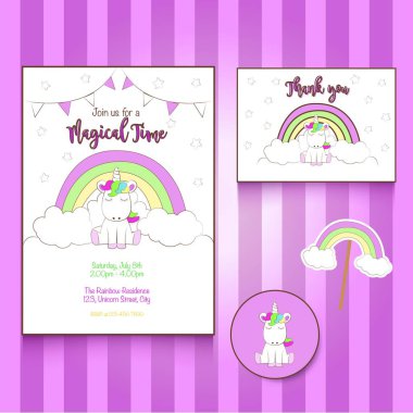 Unicorn Tema Doğum Günü Kız Tema Davetiye Kartı