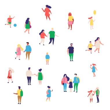 Kalabalık Yerlerde Büyük İnsanlar Çizimi Düz Vektörü Ayarladı