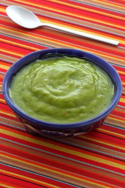 Meksika Guakamole, taze avokado, limon suyu, sirke ile hazırlanan ve sıcak ve tatlı biber, esnaf talavera seramik kupa