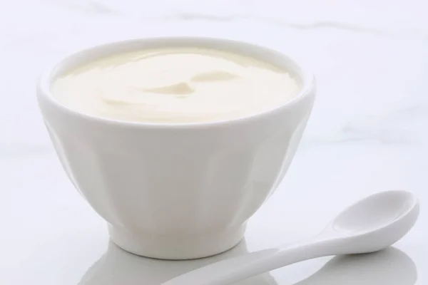 Delicious Nutritious Healthy Fresh Plain Yogurt Vintage Italian Carrara Marble — Stock Photo, Image