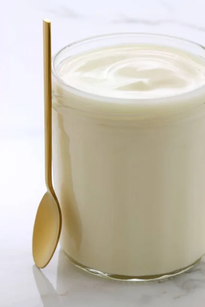 Läckra Näringsrika Och Hälsosamma Fräsch Naturell Yoghurt Cup Vintage Italiensk — Stockfoto