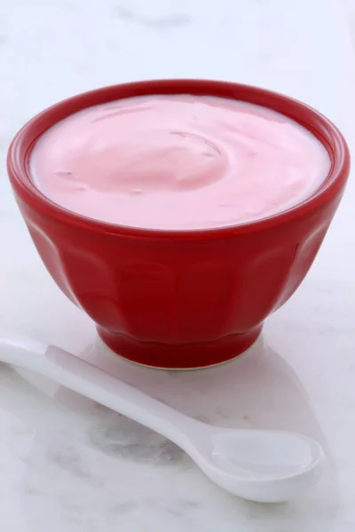 Delicious Nutritious Healthy Fresh Strawberry Yogurt Vintage Carrara Marble — Stock Photo, Image