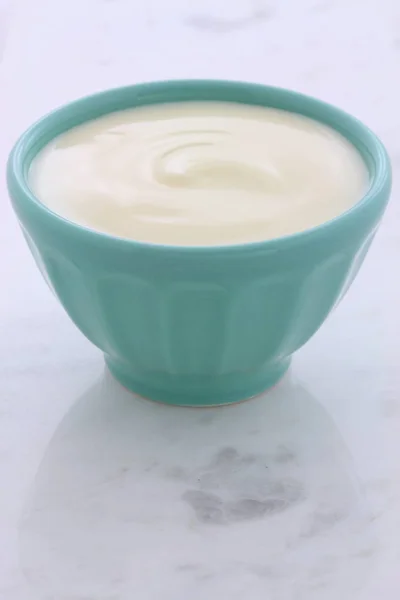 Delicious Nutritious Healthy Fresh Plain Yogurt Vintage Carrara Marble Setting — Stock Photo, Image