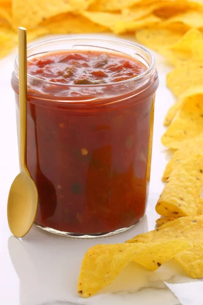 Salsa Artesanal Inmersión Mexicana Mesa Mármol Carrara Vintage Con Delicioso —  Fotos de Stock