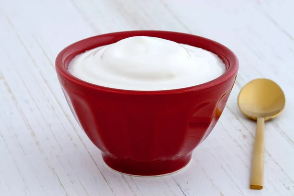 Delicious Nutritious Healthy Fresh Plain Greek Yogurt Antique Wood Table Stock Photo