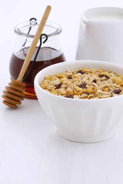Delicious Nutritious Breakfast Muesli Granola Cereal Milk Vintage Styling — Stock Photo, Image